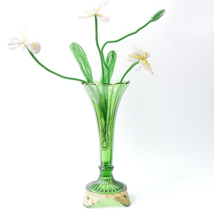 Antique U.S. Glass "Colorado Green" Vase with Beaded Flower Arrangement