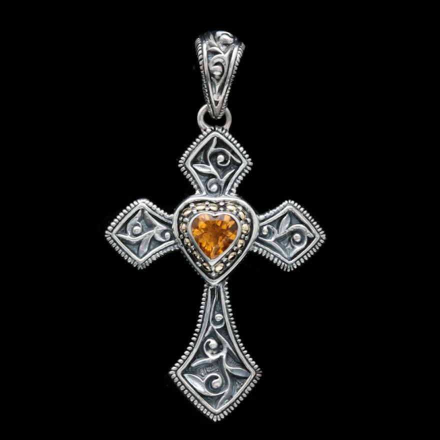 Robert Manse Sterling Silver, 18K Yellow Gold and Citrine Cross Pendant