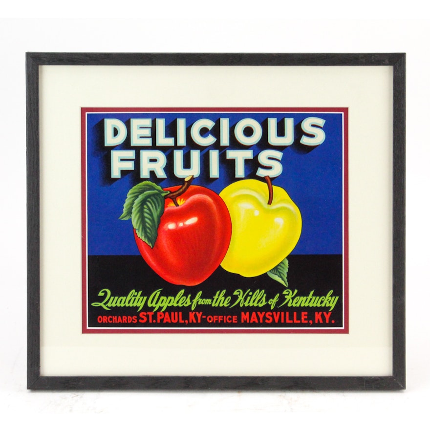 Mid Century Crate Label for "Delicious Fruits" Apples from Kentucky Orchards