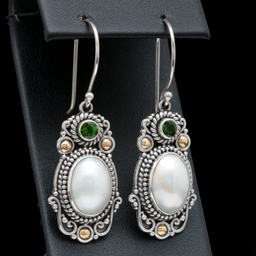 Robert Manse Sterling Silver, 18K Gold, Mabé Pearl and Chrome Diopside Earrings