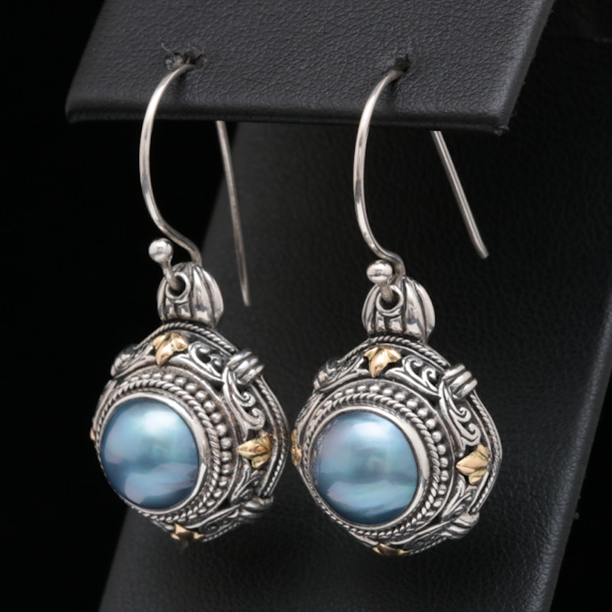 Robert Manse Sterling Silver, 18K Yellow Gold and Blue Mabé Pearl Earrings