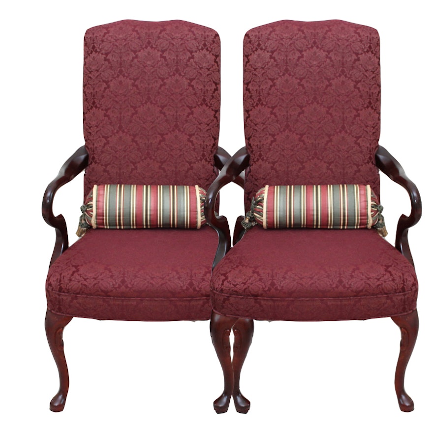 Pair of Queen Anne Upholstered Cherry Armchairs