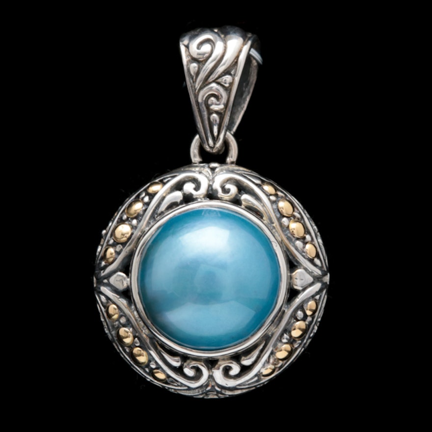 18LEX021-Robert Manse Sterling Silver, 18K Gold and Blue Mabé Pearl Pendant