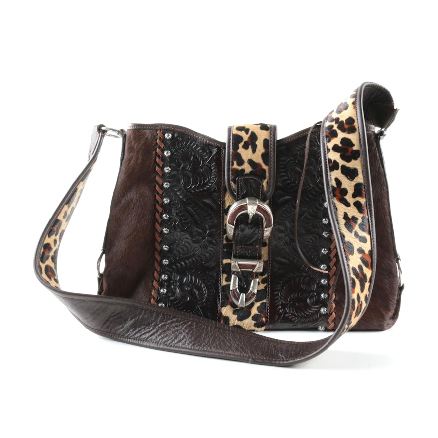 American West Tooled Leather and Animal Print Handbag