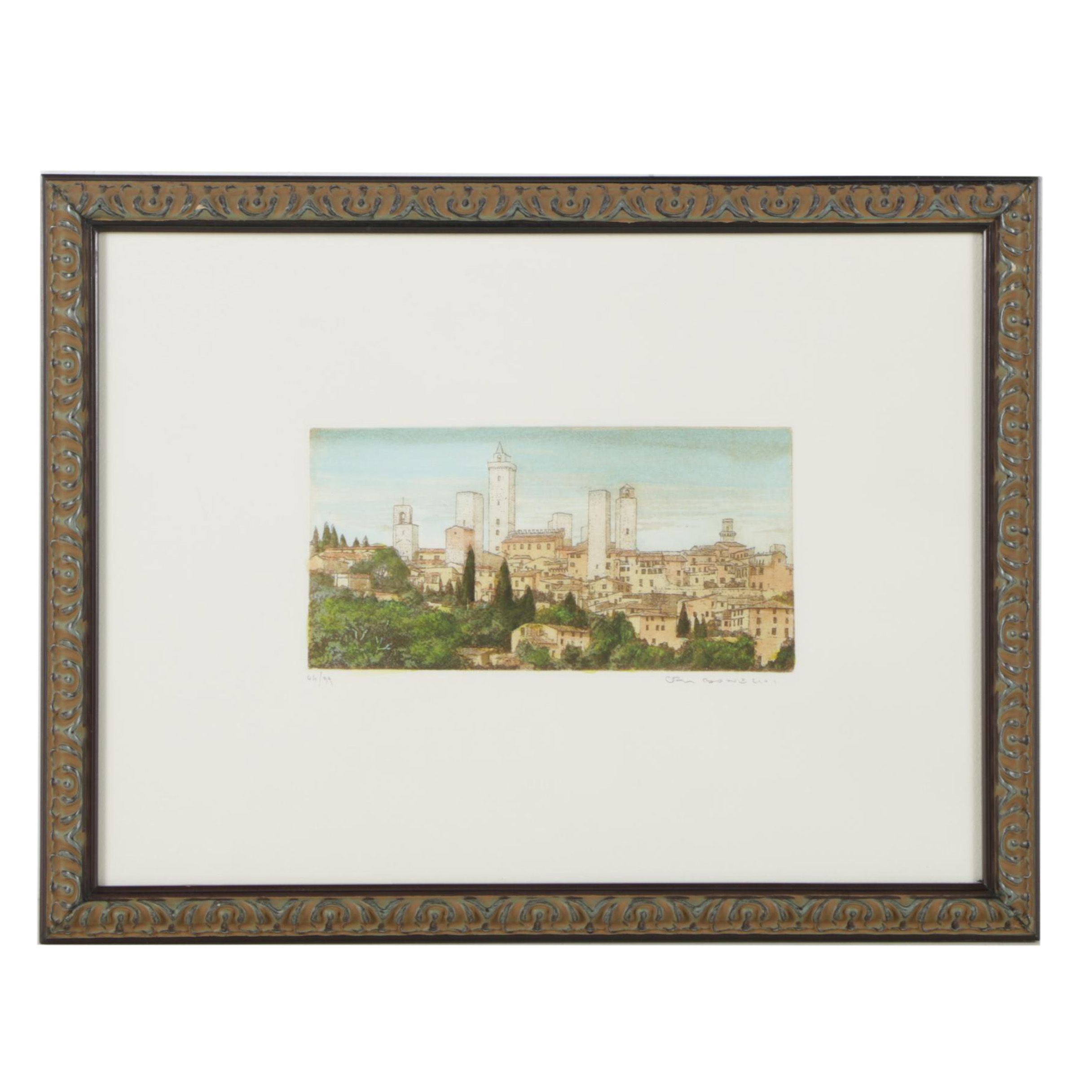 Marco Bonechi Hand-Colored Aquatint "San Giminiano Panorama"