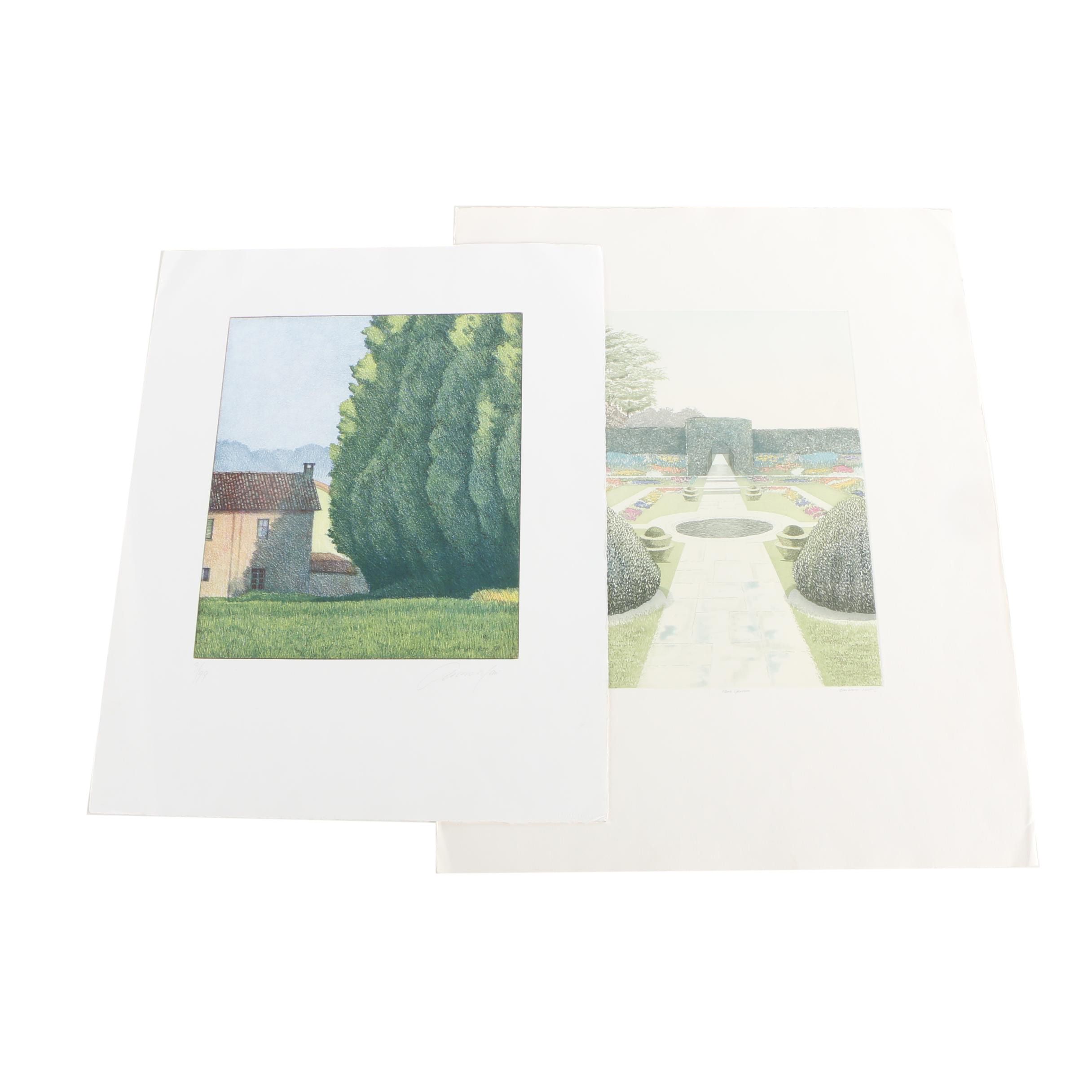 Barbara Munns Etching with Aquatint "Herb Garden" and Lithograph of Landscape