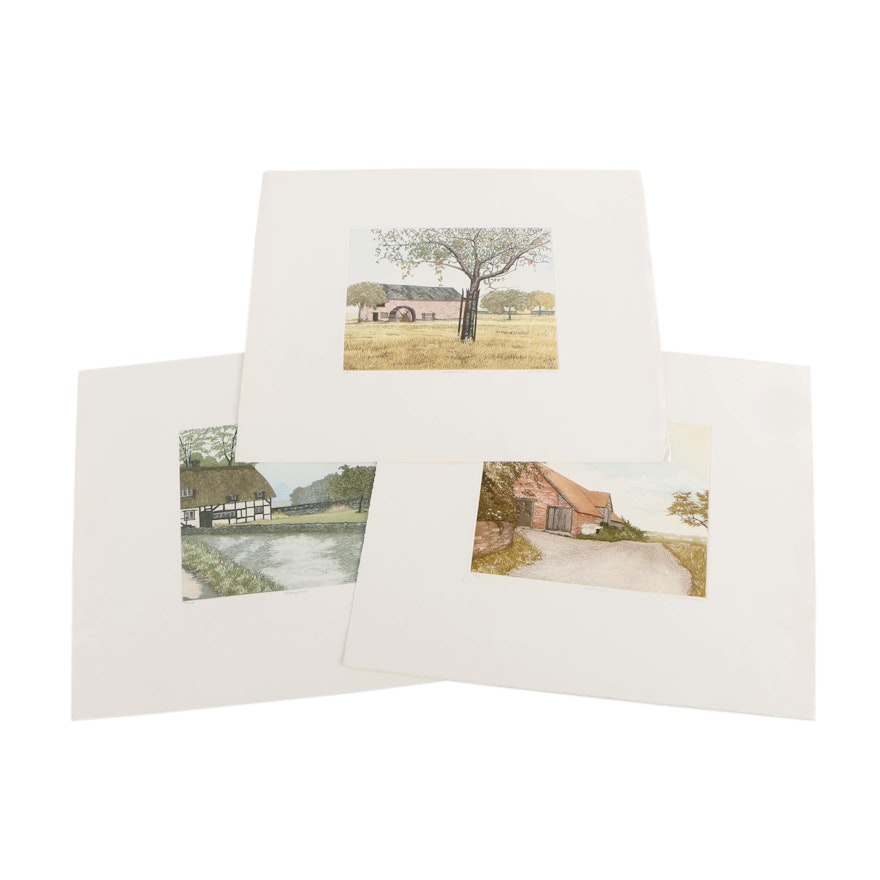 Barbara Munns Etchings "Fulling Mill", "Orchard Mill", and "Manor Farm"