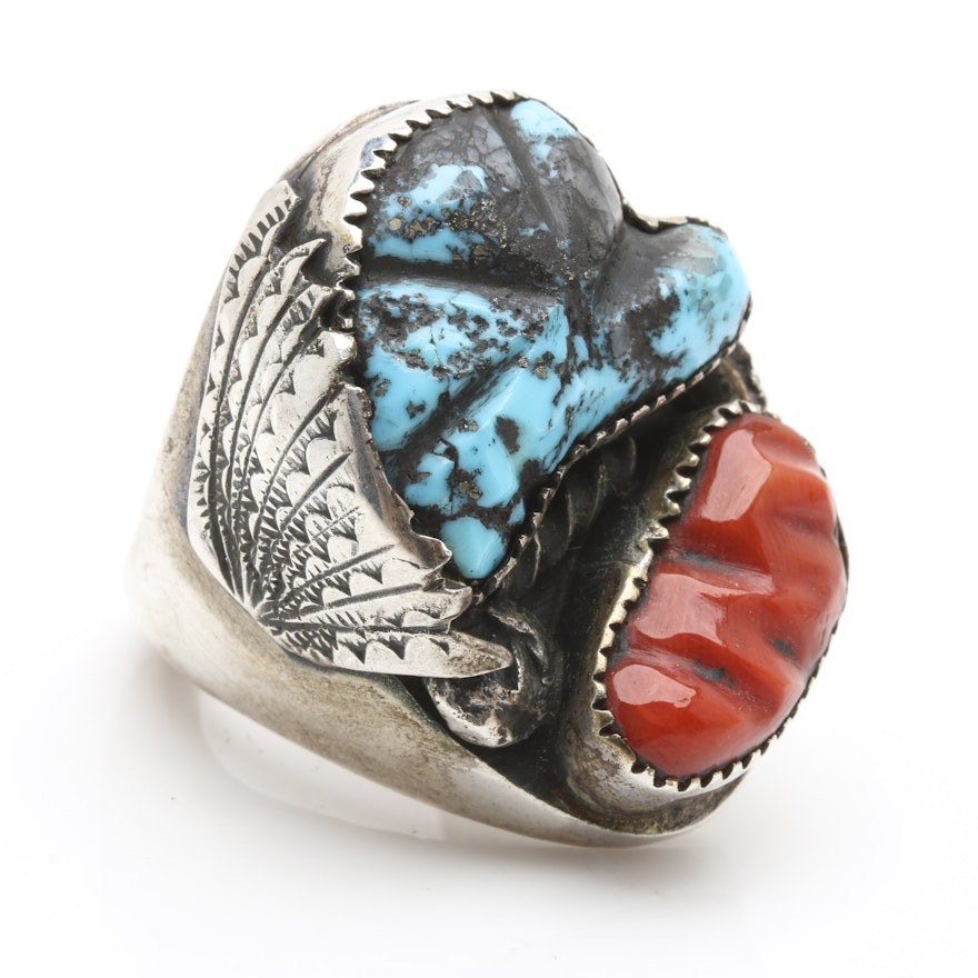 P. Padilla Navajo Diné Sterling Silver Turquoise and Coral Ring