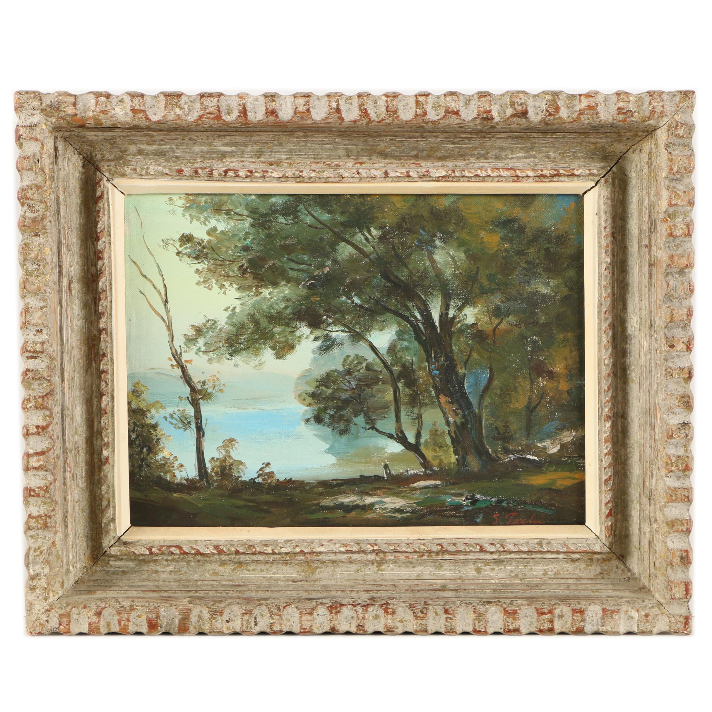 S. Tachi Oil Painting of a Waterfront Landscape