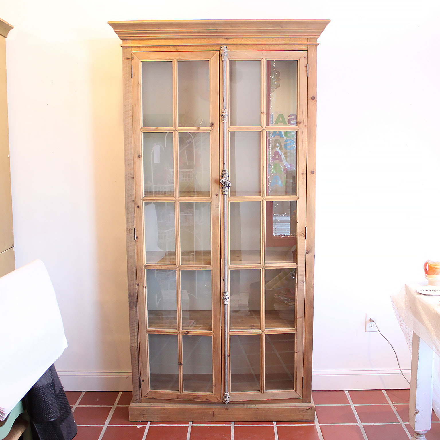 Pine Display Cabinet with Glass Paned Doors