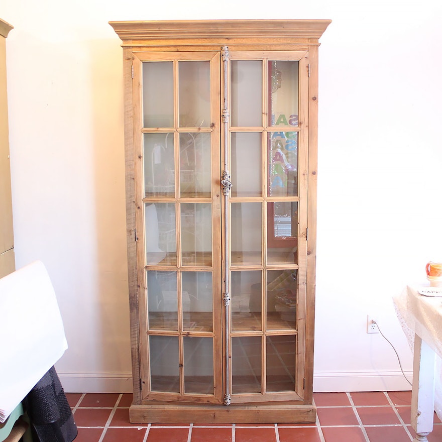 Pine Display Cabinet with Glass Paned Doors