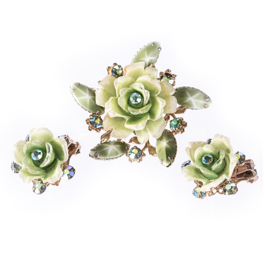 Rose Brooch and Earring Demi Parure by Cathé