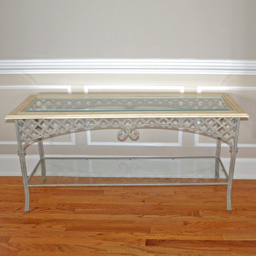 Reticulated Metal Sofa Table with Glass Top