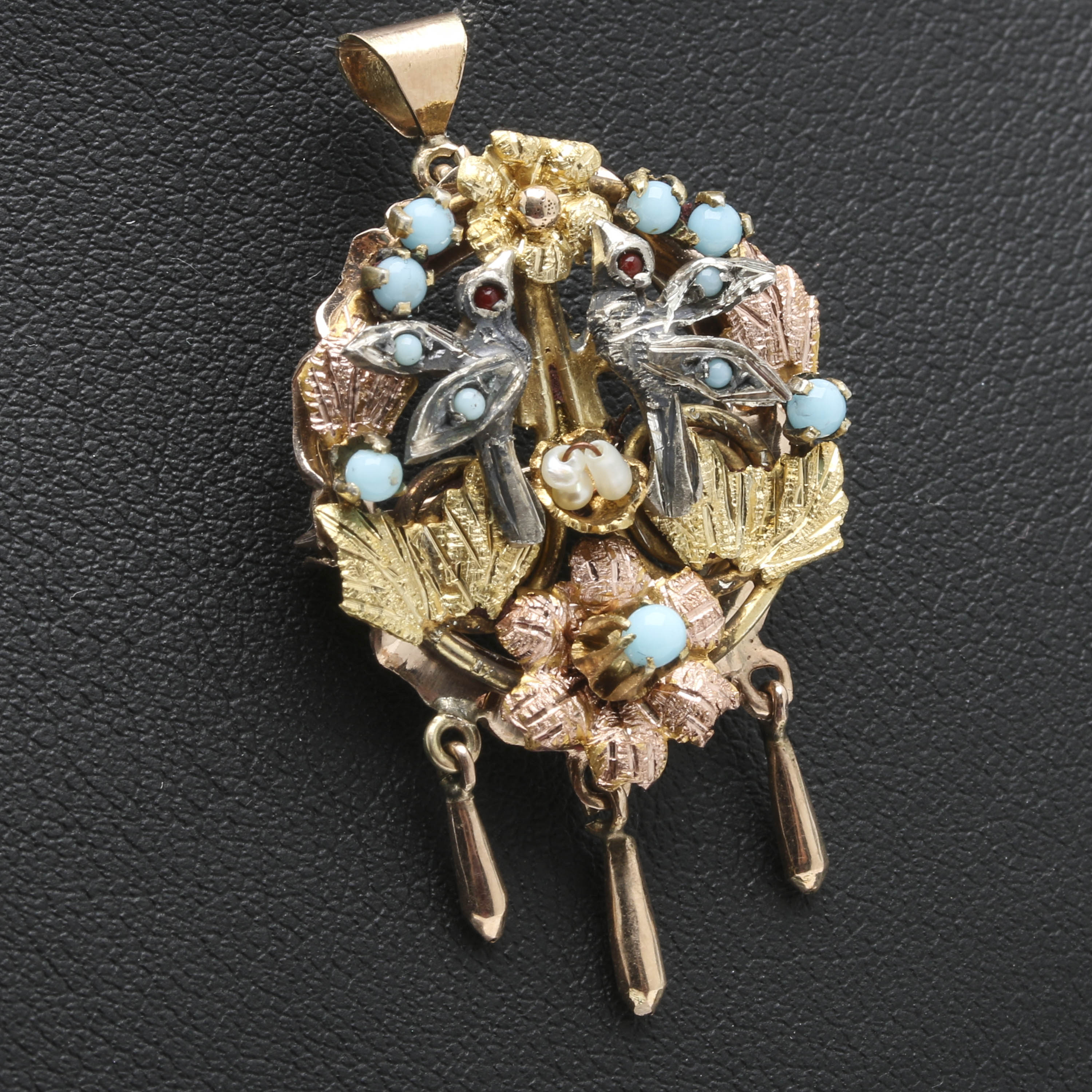 Victorian Aesthetic Movement 14K, 10K Two-Tone Gold and Sterling Silver Pendant