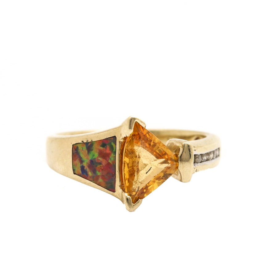 14K Yellow Gold Synthetic Orange Sapphire, Synthetic Opal and Diamond Ring