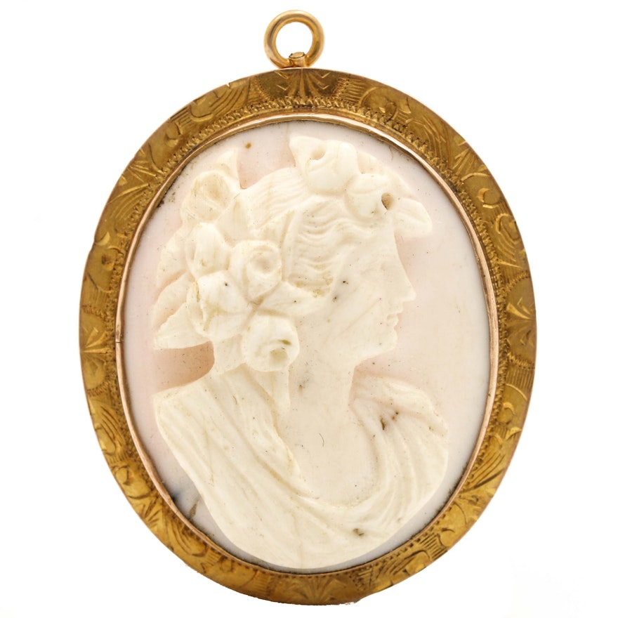 10K Yellow Gold Conch Shell Cameo Pendant Brooch