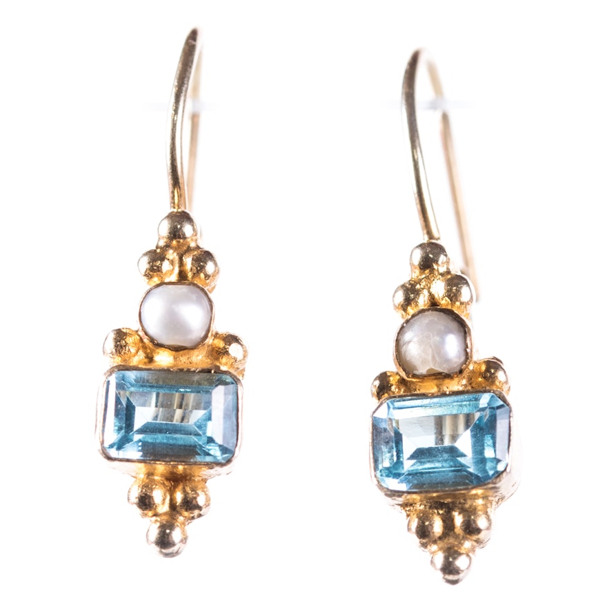 Sterling Silver Blue Topaz and Pearl Earrings with Gold Wash