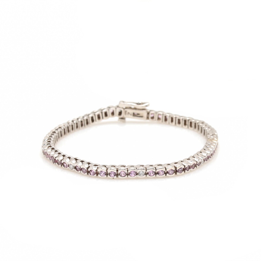 14K White Gold Pink Sapphire and Diamond Tennis Bracelet