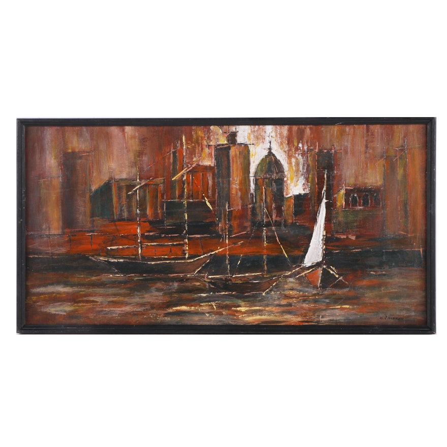 H. Phinnow Oil Painting of City on the Water