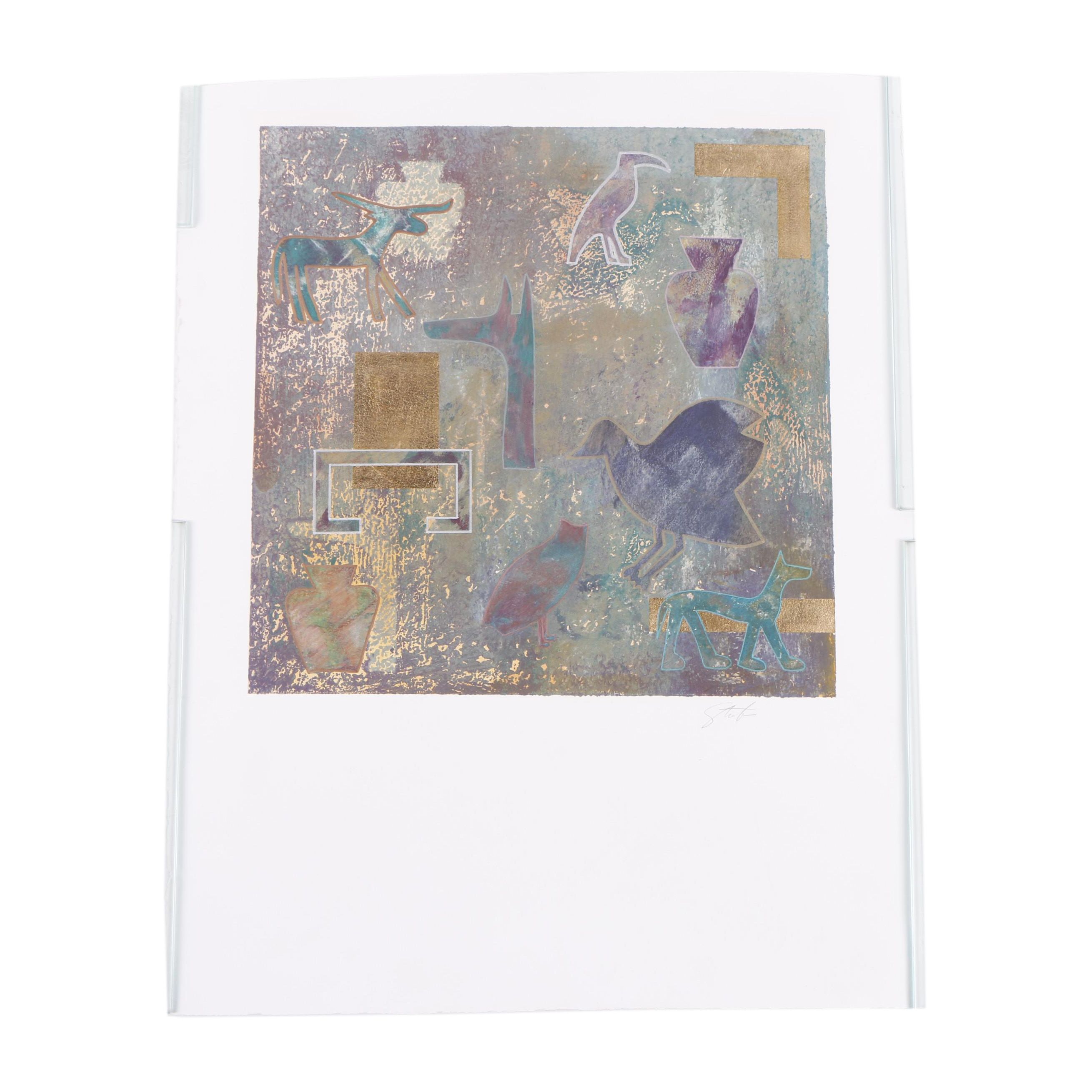 Abstract Lithograph Featuring Animal Symbols