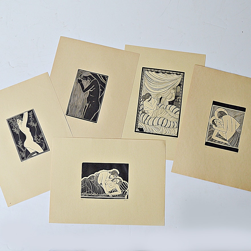 (Priority)1920s-1930s Art Deco Erotica Woodblock Prints After Eric Gill