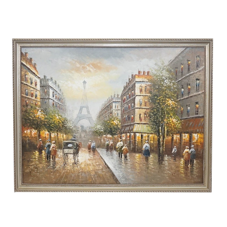 R. Young Oil Painting of Parisian Street Scene After the Rain