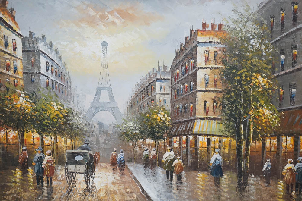 R. Young Oil Painting of Parisian Street Scene After the Rain
