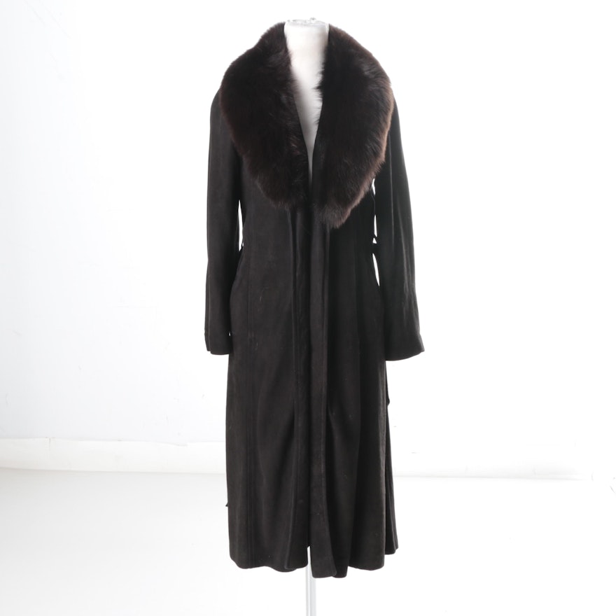 Vintage Black Suede Coat with Fox Fur Collar