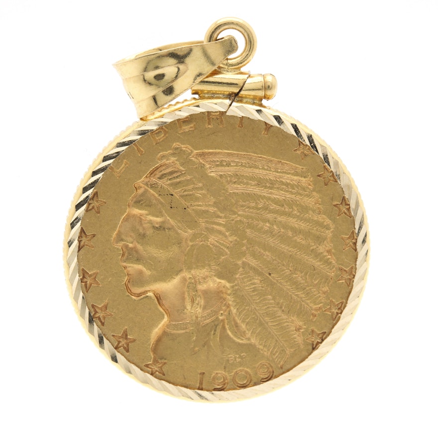 1909-D Indian Head Five Dollar Gold Coin with 14K Yellow Gold Pendant