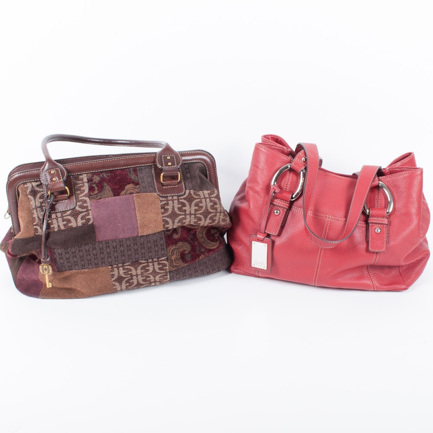 Tignanello Red Leather Handbag and Fossil Patchwork Handbag