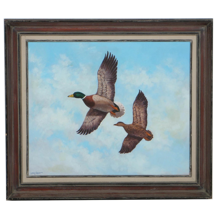 Lanny Grant Oil Painting on Board of Flying Mallards