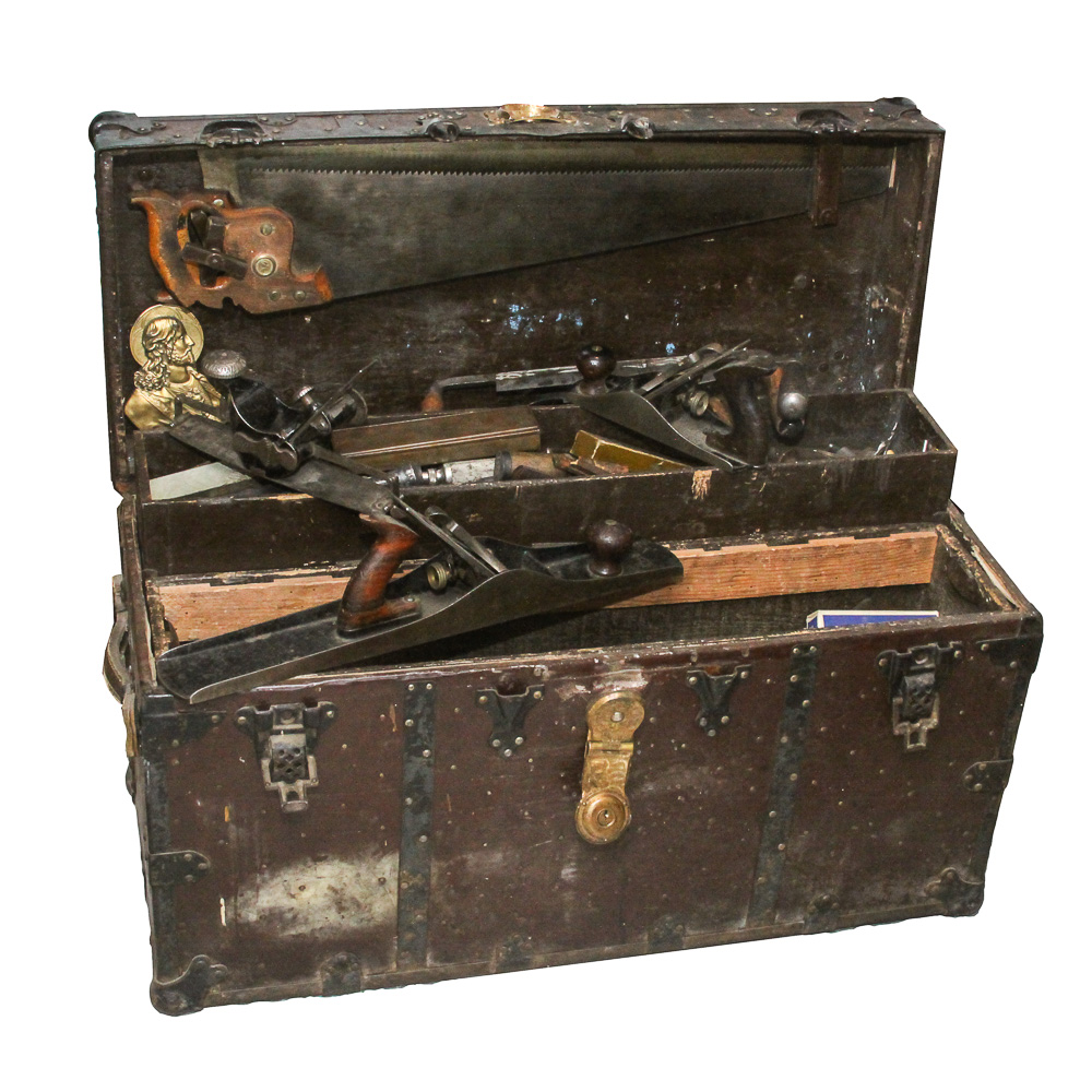 Vintage Chest, Carpentry Shaves, Chisels, Saw, Planers and Brace Bits and More