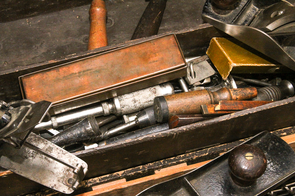 Vintage Chest, Carpentry Shaves, Chisels, Saw, Planers and Brace Bits and More