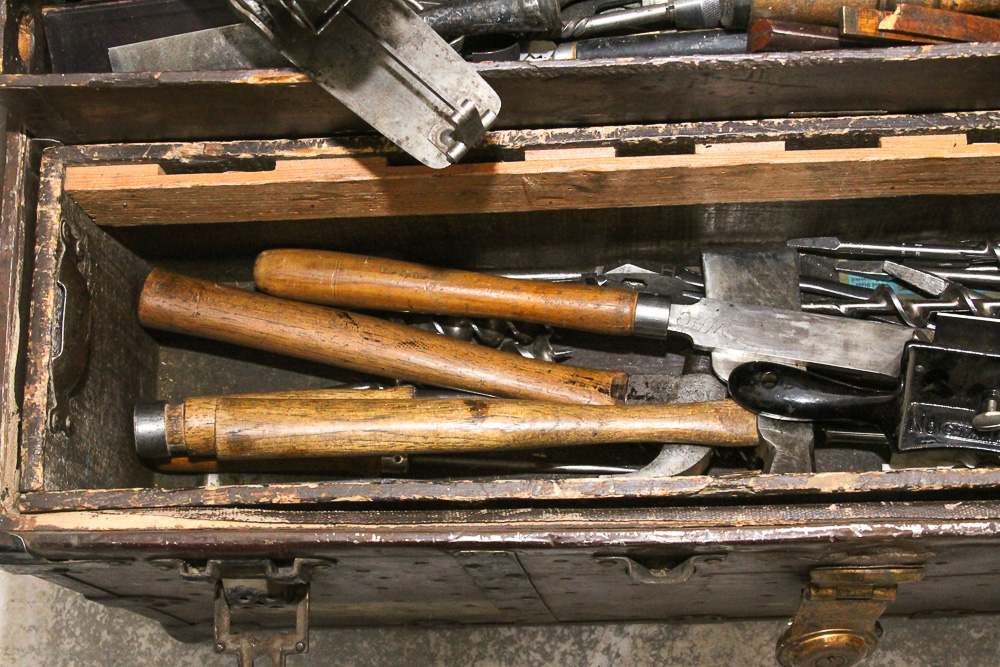 Vintage Chest, Carpentry Shaves, Chisels, Saw, Planers and Brace Bits and More