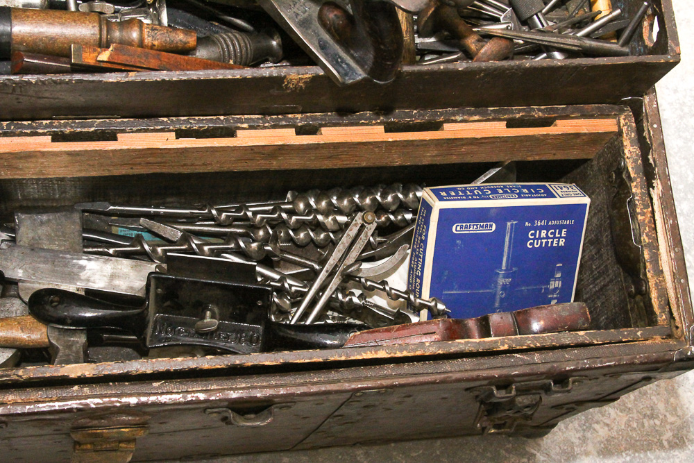 Vintage Chest, Carpentry Shaves, Chisels, Saw, Planers and Brace Bits and More