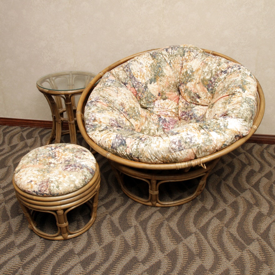 Rattan Papasan Chair, Ottoman and Side Table