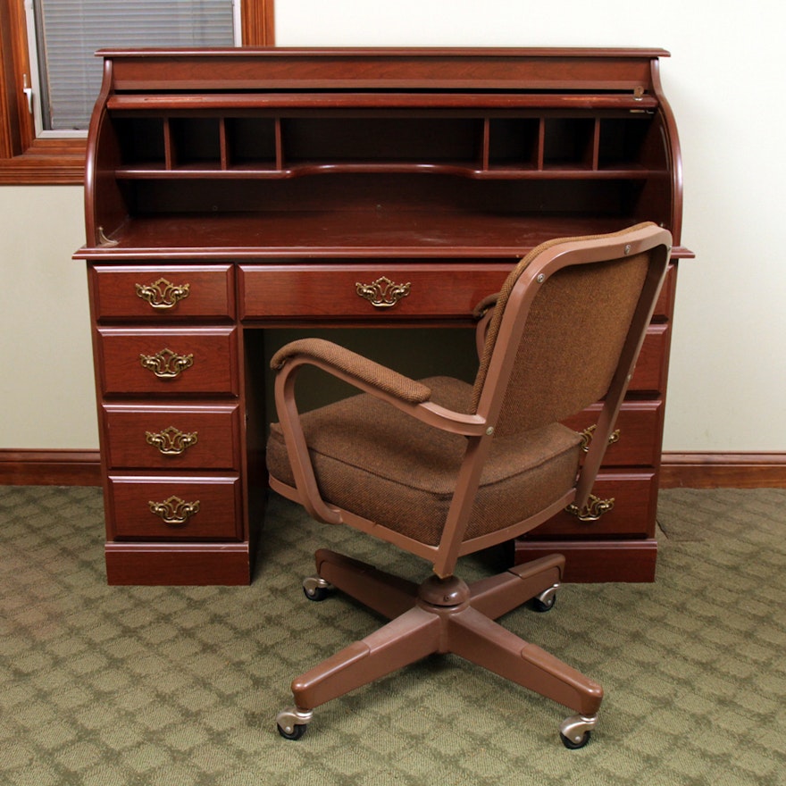 Cherry Finished Roll-Top Desk with Vintage Office Chair