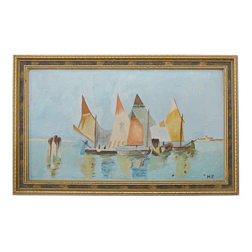 Vintage Signed Original Oil on Canvas of Sailboats