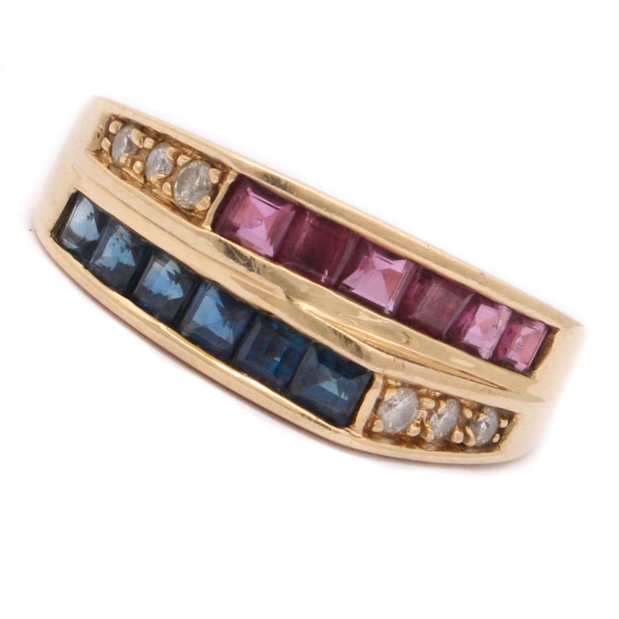 14K Yellow Gold Diamond, Sapphire and Ruby Ring