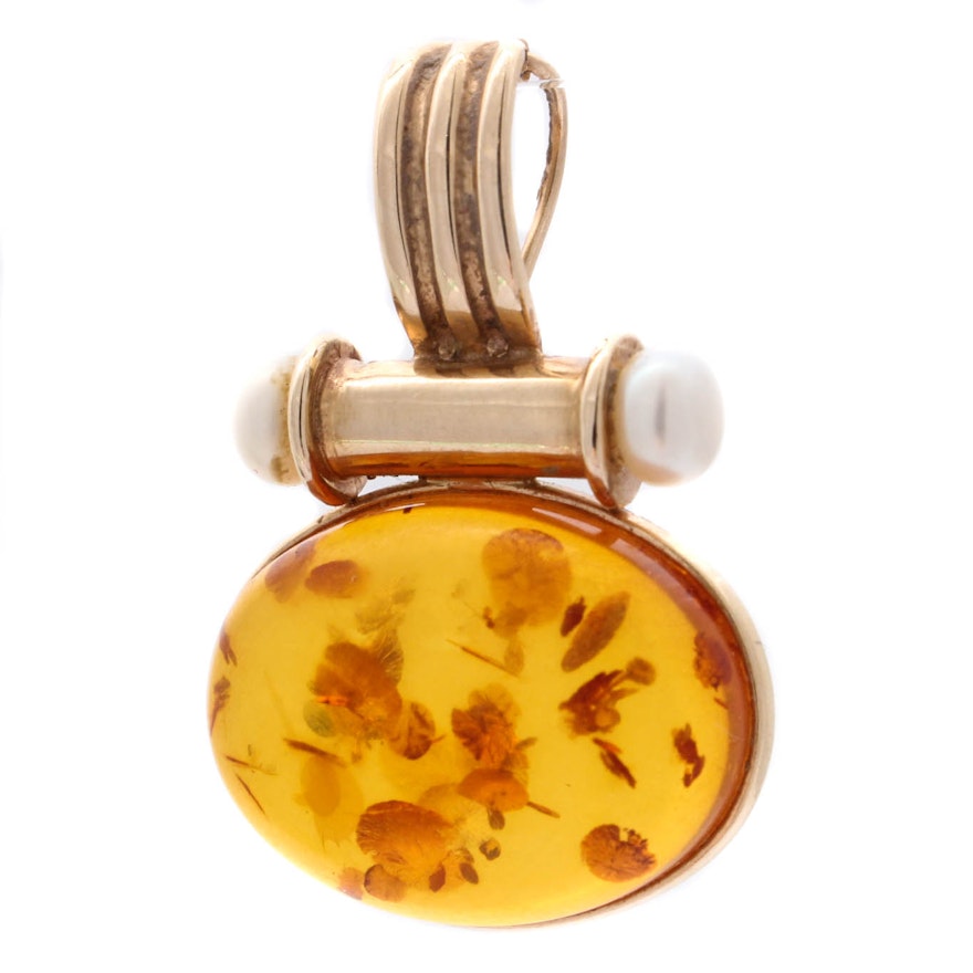 14K Yellow Gold Amber and Pearl Pendant