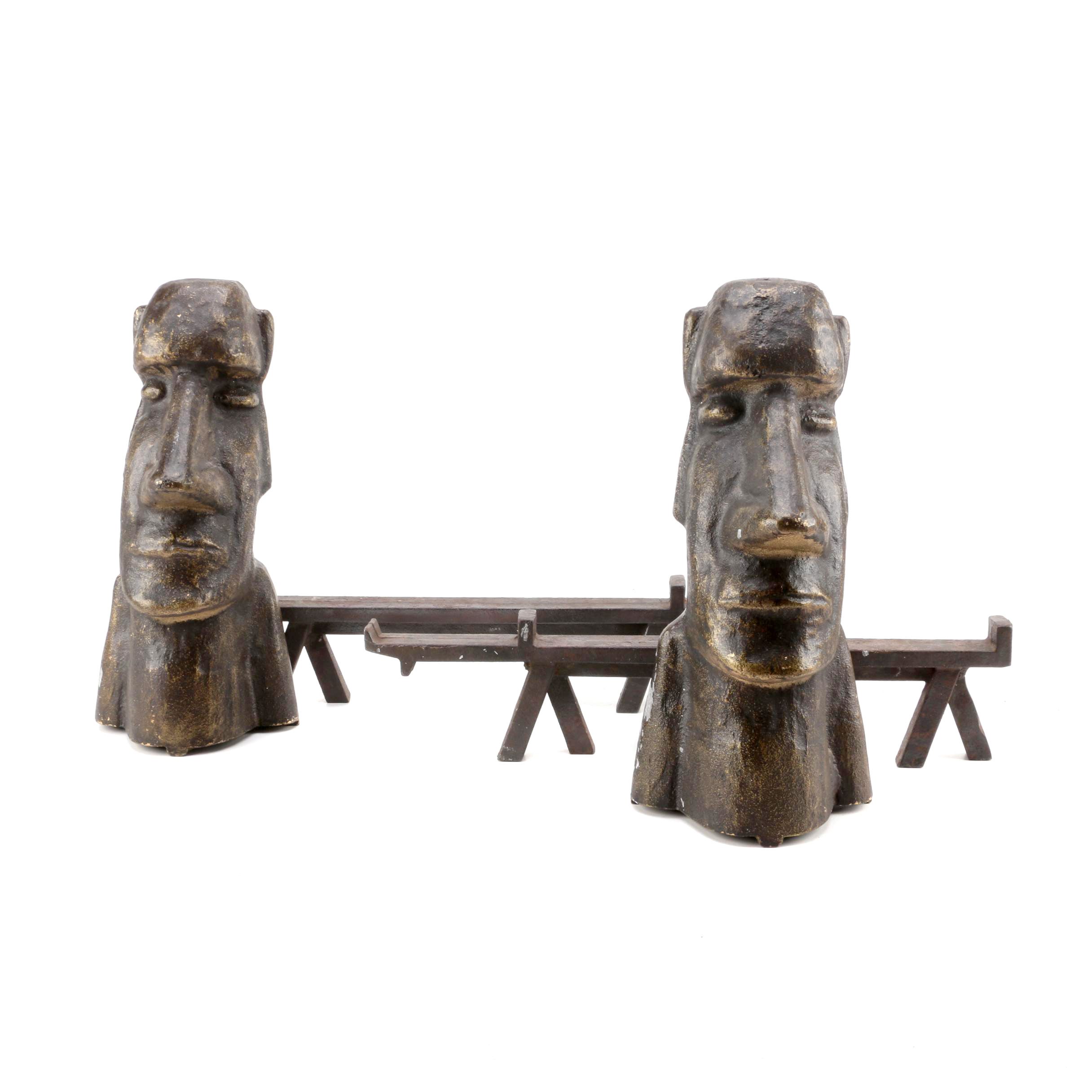 Vintage Cast Iron Moai-Themed Andirons