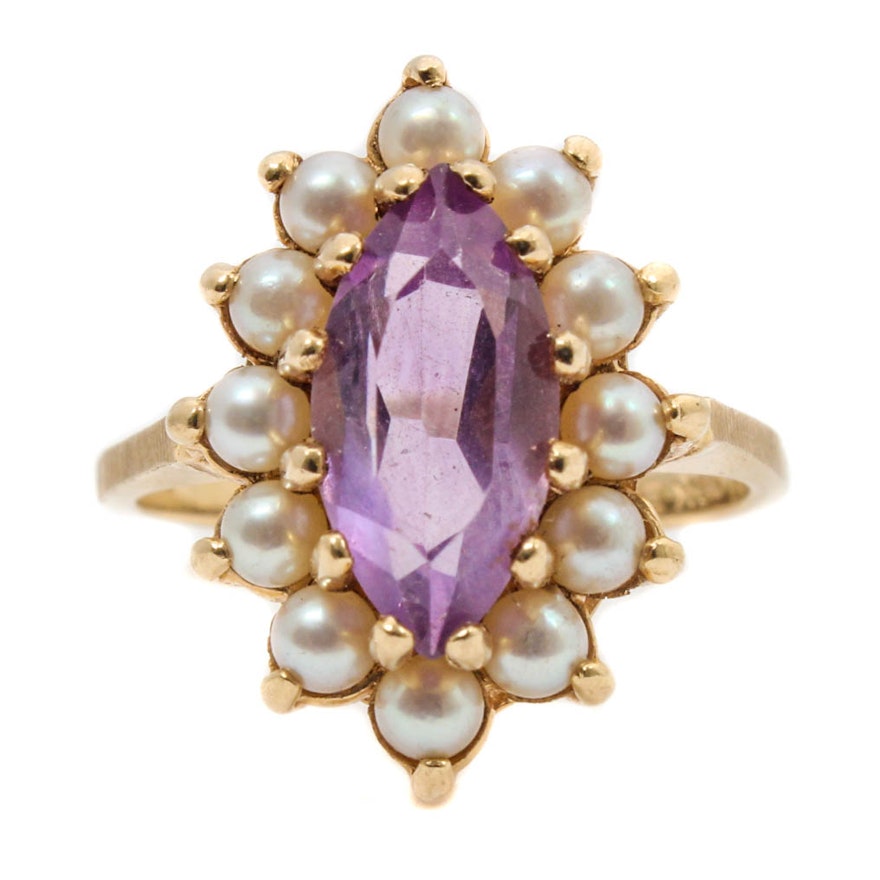 14K Yellow Gold Amethyst and Cultured Pearl Ring
