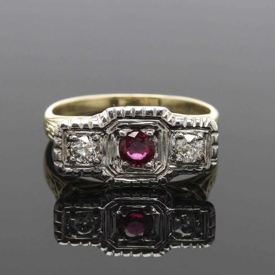 Circa 1910s Ostby & Barton 14K and 18K Two Tone Gold Ruby and Diamond Ring