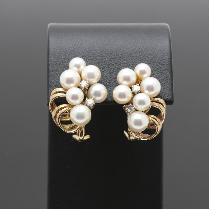 14K Yellow Gold Cultured Pearl Cluster Earrings With Diamond Accents