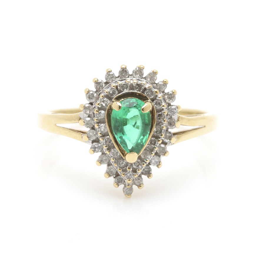 10K Yellow Gold Synthetic Emerald and Diamond Ring