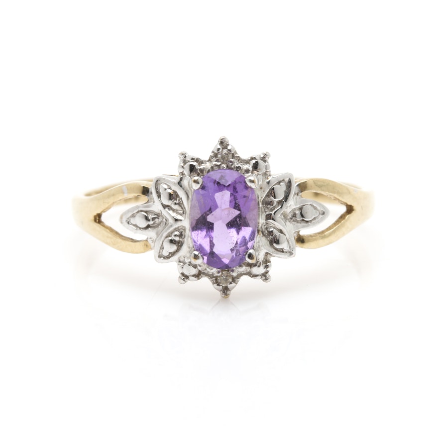 10K Two-Tone Gold Amethyst and Diamond Ring