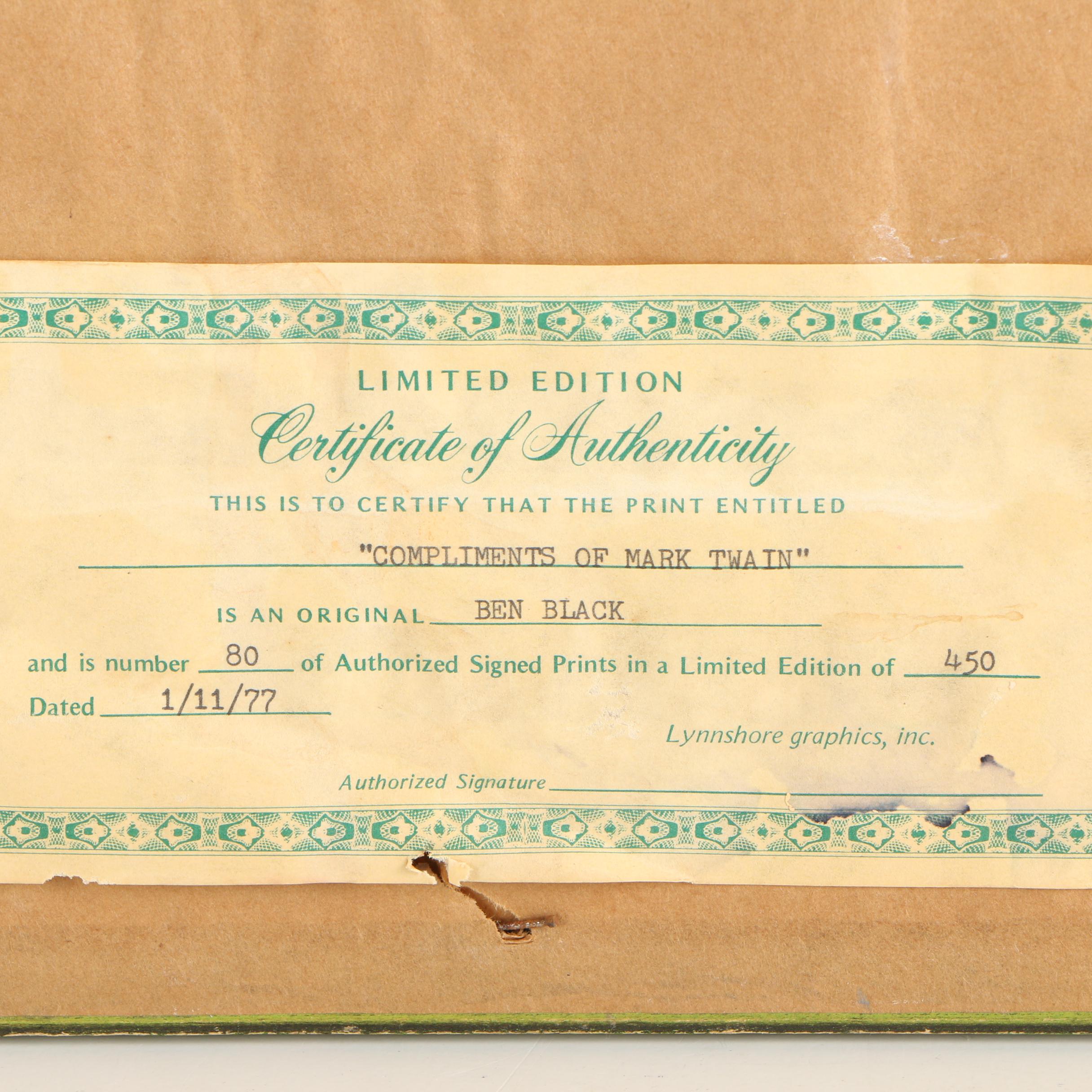 Limited Edition Offset Lithograph after Ben Black's "Compliments of Mark Twain"