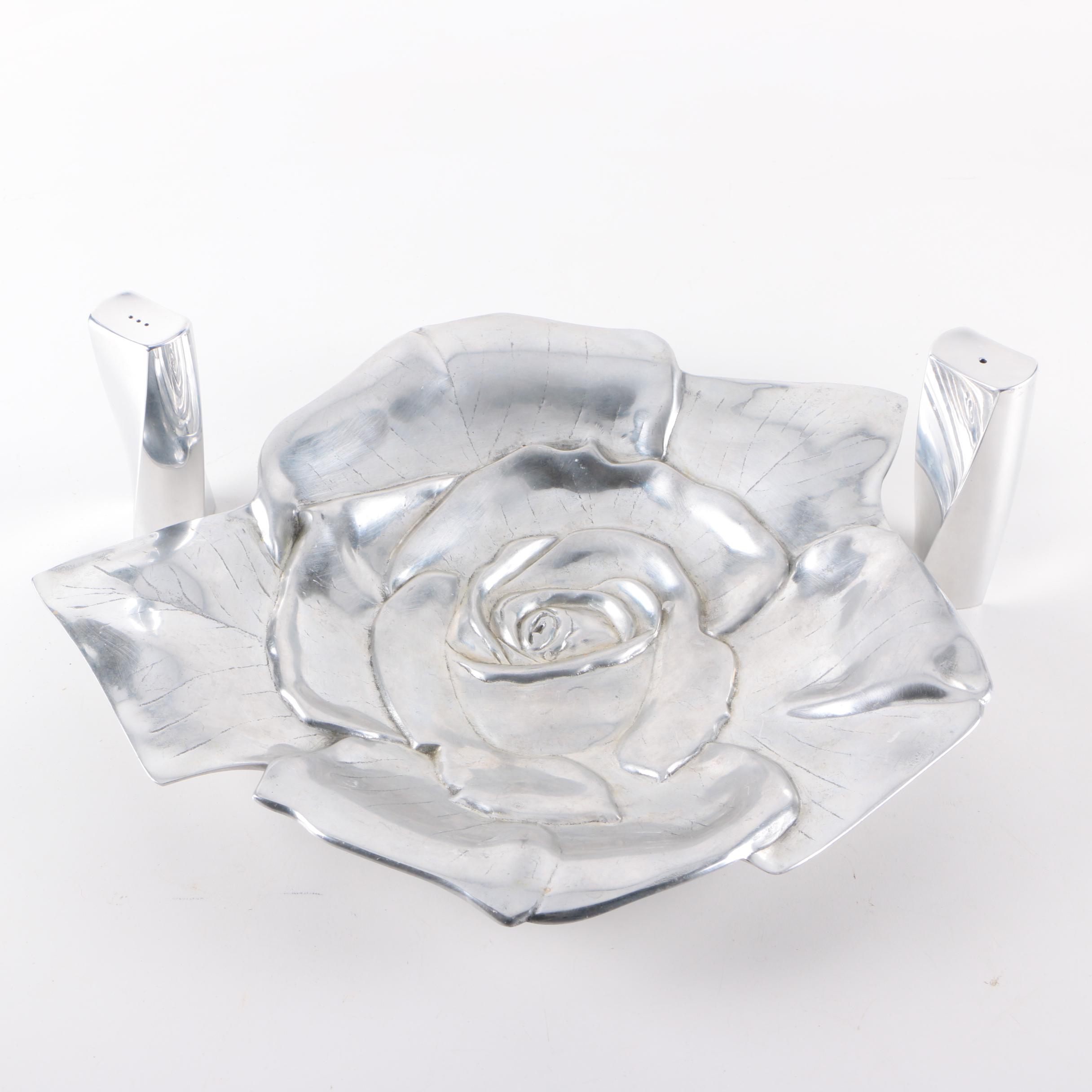 Alum Creations Rose Serving Platter and Nambe Salt and Pepper Shakers