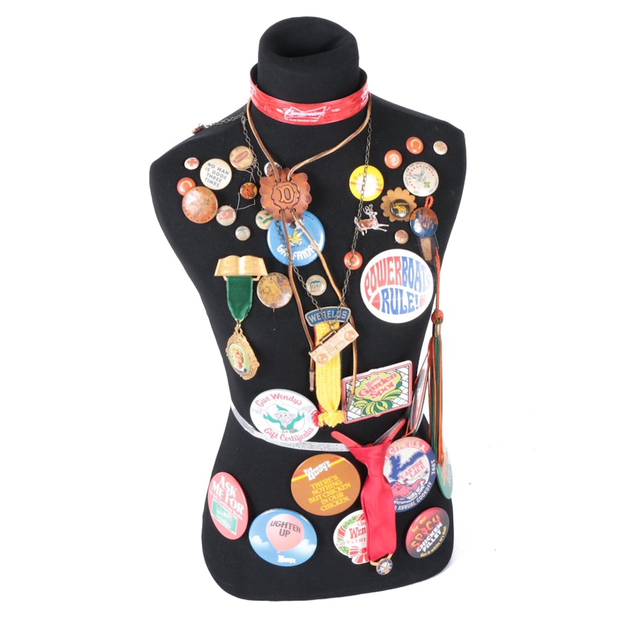 Torso Mannequin with Vintage Pins and Badges