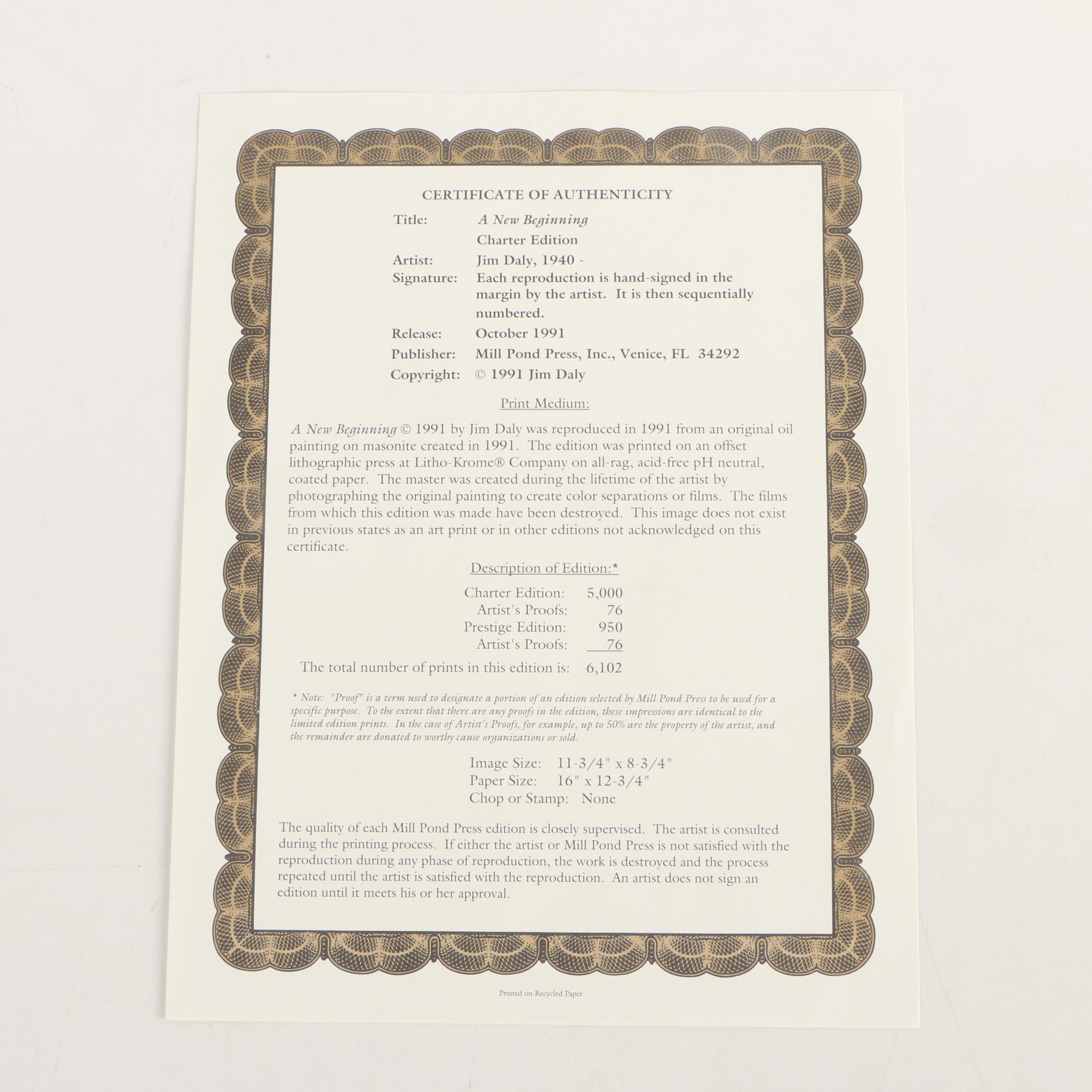 Jim Daly Limited Edition Offset Lithograph "A New Beginning"